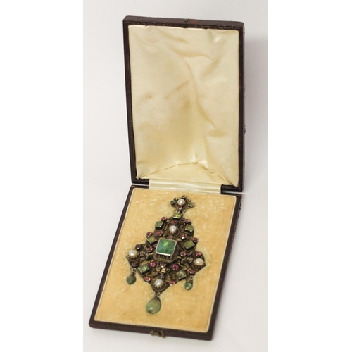 711 - Antique Austro Hungarian pendant, the substantial silver pendant set with emeralds, rubies and pearl... 