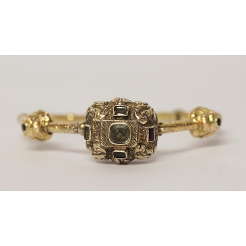 713 - Antique continental gold and gem set hinged bangle, with three raised box panels set with sapphire, ... 