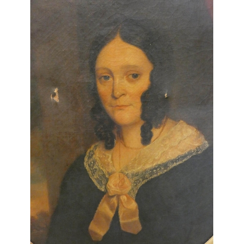 282 - A 19th century oil on canvas half-length portrait of Georgian lady in an oval gilt gesso decorated f... 