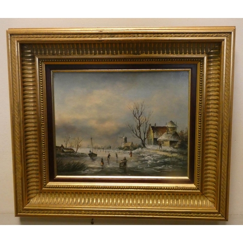 284 - Dutch School oil on panel painting depicting a Winter Dutch scene, signed lower left Leickert in a g... 