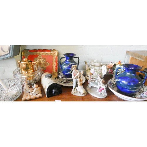 358 - Capo de Monte figurines, pressed glass bowls, flower cluster,  Victorian teapot & stand, hot water b... 