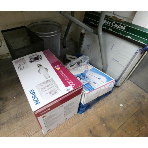 888 - A paper cutter, waste bins, paper shredder, photo printer etc