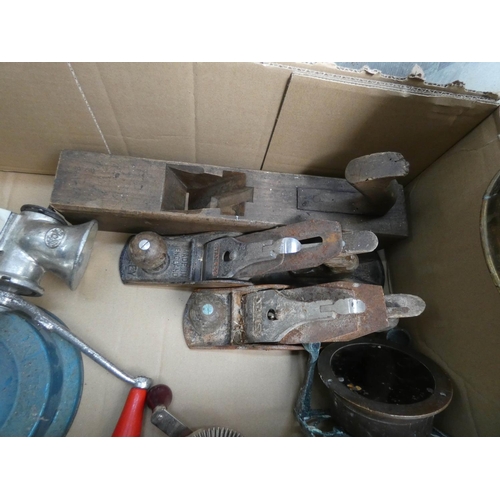 921 - A large containing wooden carpenter planes, bellows, brass etc