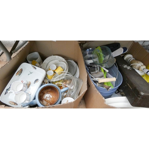 979 - Three very large boxes of part dinner services, kitchen ware, lamps, glass, teapots etc