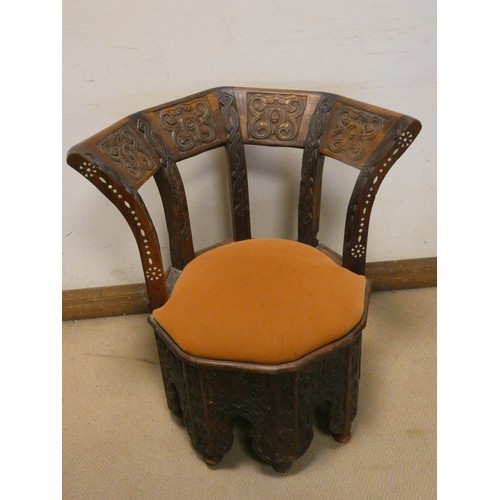 464 - Moroccan style octagonal carved corner chair with mother of pearl inlay