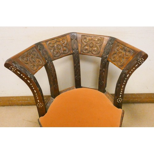 464 - Moroccan style octagonal carved corner chair with mother of pearl inlay