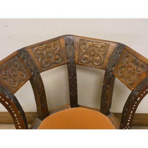 464 - Moroccan style octagonal carved corner chair with mother of pearl inlay