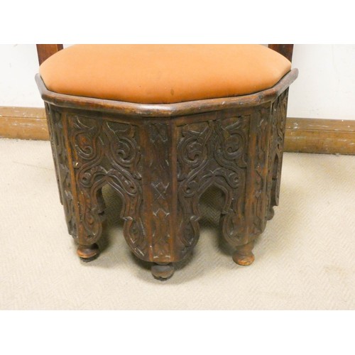 464 - Moroccan style octagonal carved corner chair with mother of pearl inlay