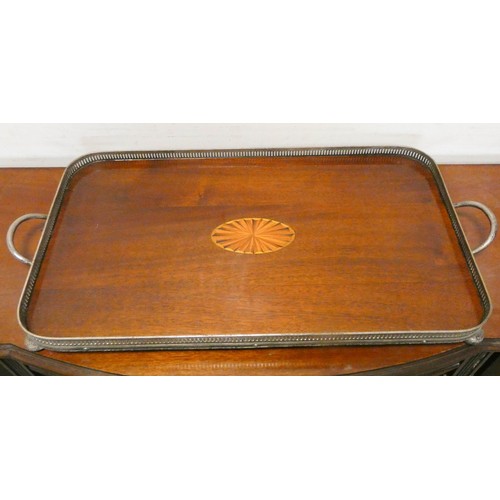 447 - Edwardian inlaid mahogany tray with plated gallery and handles