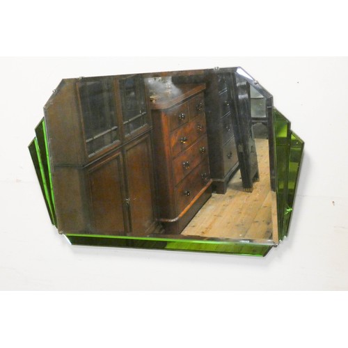 440 - Art deco frameless bevelled mirror with decorative green glass inserts