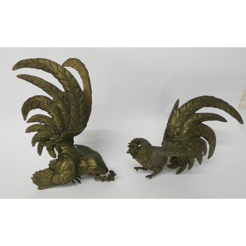 444 - Pair of brass fighting cock ornaments