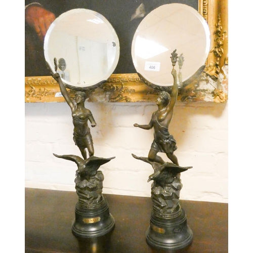 406 - Pair of French spelter figural mirrors, modelled as classical figures astride eagles Day & Night, ea... 