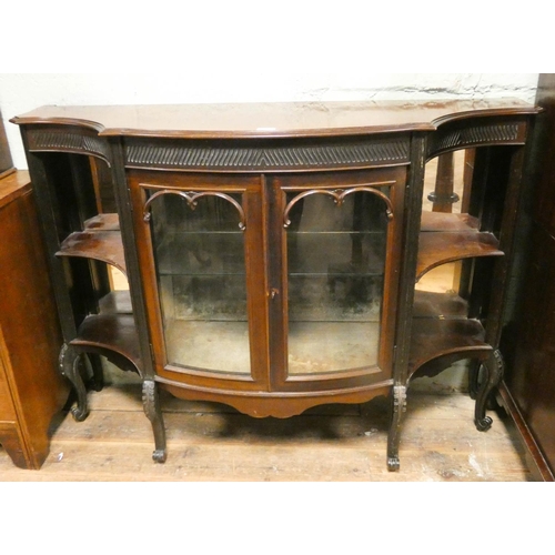 429 - Edwardian mahogany shaped fronted side cabinet with glazed front, shelves on cabriole legs, 4'6