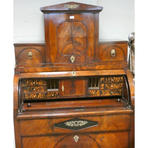 438 - 19th century North European mahogany Biedermeier cylinder fronted secretaire bureau cabinet, fitted ... 