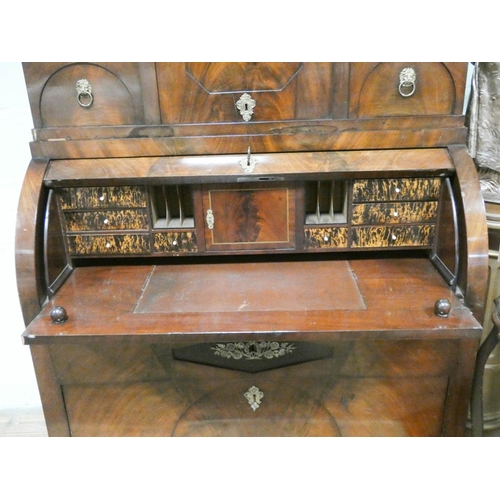 438 - 19th century North European mahogany Biedermeier cylinder fronted secretaire bureau cabinet, fitted ... 