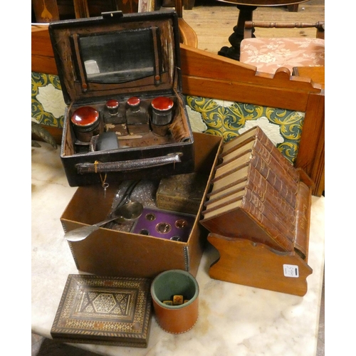 445 - Set of leather covered books on stand, toilet case with enamelled bottles, serving spoon, old boxes ... 