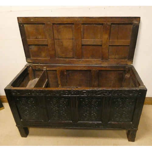 458 - Antique carved oak coffer, with carving to the front top and sides with carved date 1692, interior c... 