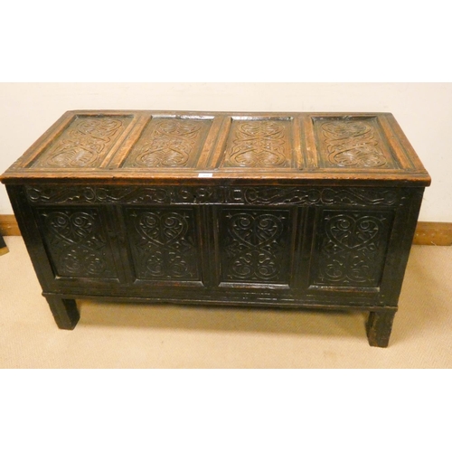 458 - Antique carved oak coffer, with carving to the front top and sides with carved date 1692, interior c... 