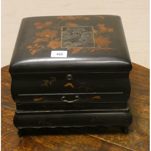 460 - Japanese black lacquer jewellery box the interior decorated with insects and birds, fitted with a dr... 