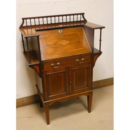 465 - Edwardian shell inlaid mahogany ladies writing bureau with spindle gallery back, drawer and cupboard... 