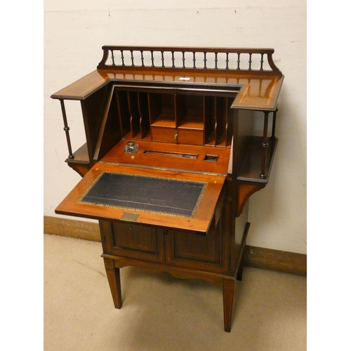 465 - Edwardian shell inlaid mahogany ladies writing bureau with spindle gallery back, drawer and cupboard... 