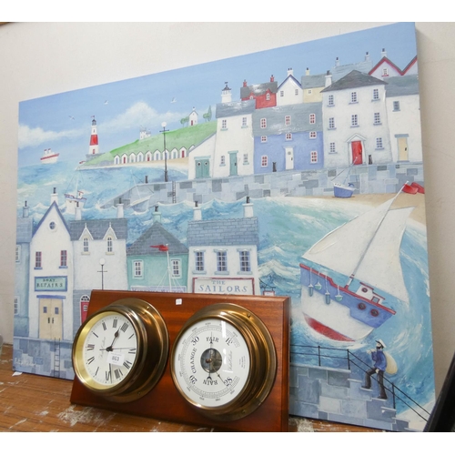 863 - A large unframed picture of beach scene and a battery operated clock barometer in wooden frame