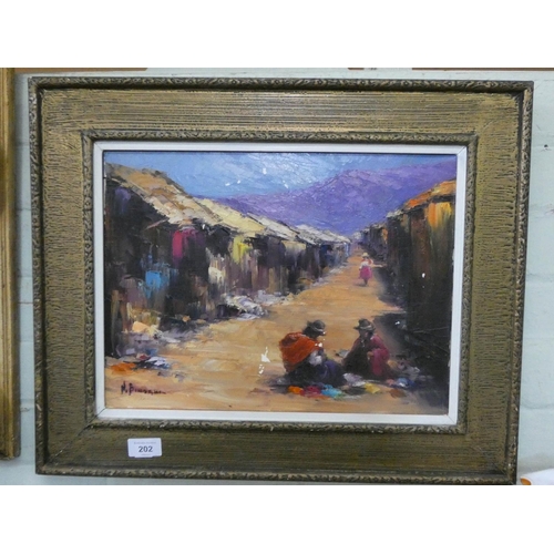 202 - Framed oil painting of a South American ladies in street, signed N Binaghi