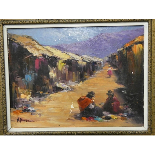 202 - Framed oil painting of a South American ladies in street, signed N Binaghi