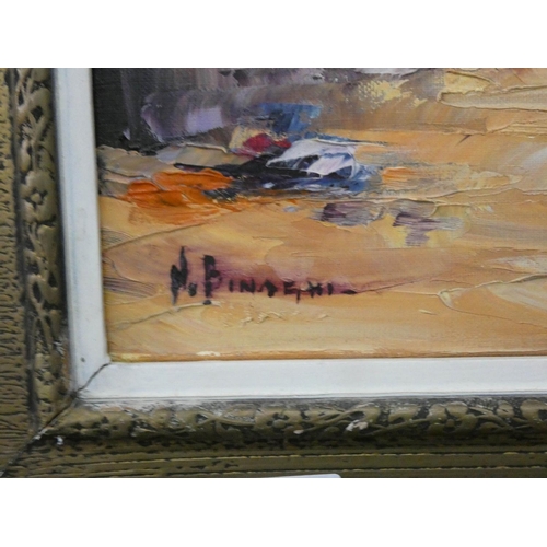 202 - Framed oil painting of a South American ladies in street, signed N Binaghi