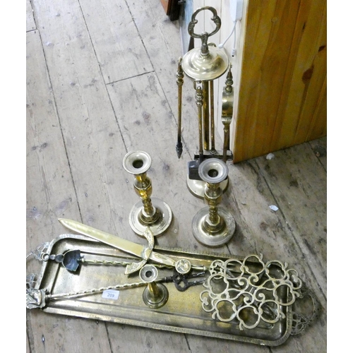 209 - Brass tray, companion set, candlesticks, trivet etc