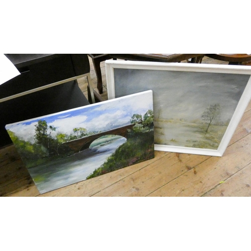 215 - Unframed oil painting of River Stour and three other pictures