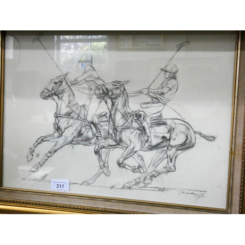 217 - Gilt framed charcoal drawing of polo players, indistinctly signed, 18