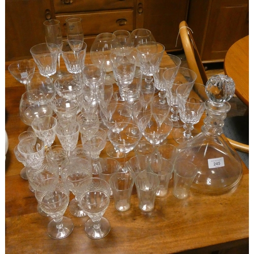 245 - Quantity of assorted wine glasses and a glass decanter