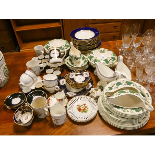 246 - Assorted tea and coffee ware, blue bordered dinner plates and several pieces of Wedgwood Ivy pattern... 