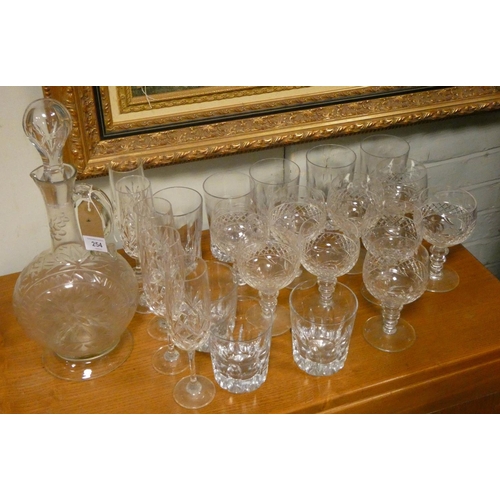 254 - Various cut wine glasses, tumblers and a glass claret jug