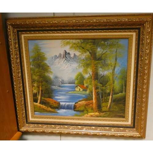 258 - A pair of gilt framed modern oil painting of mountainous river scenes