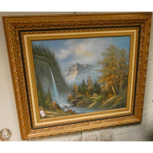 258 - A pair of gilt framed modern oil painting of mountainous river scenes