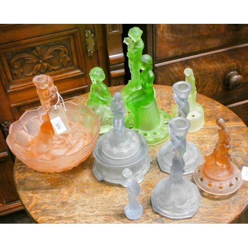 309 - A collection of Art Deco pressed coloured glass lady centre pieces, bowls and candlesticks