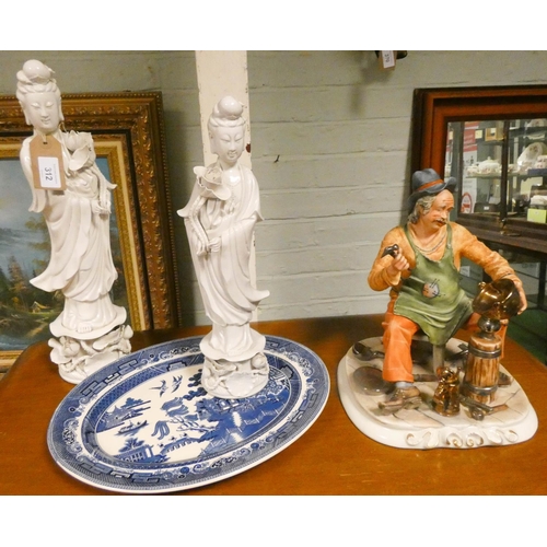 312 - Two Blanc de Chine figures of Guan Yin, blue and white meat plate and Capodimonte style figure of a ... 