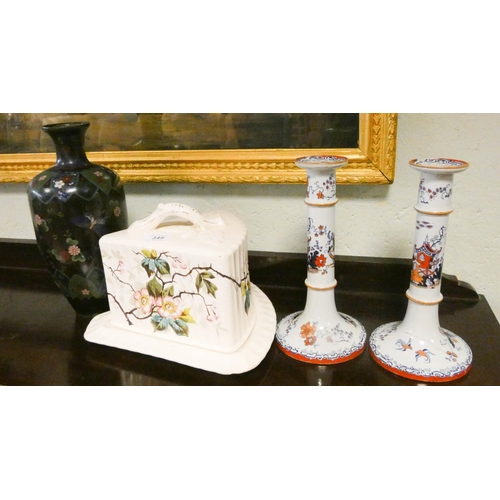 348 - Japanese cloisonné vase, pair of Victorian china candlesticks and a cheese dome