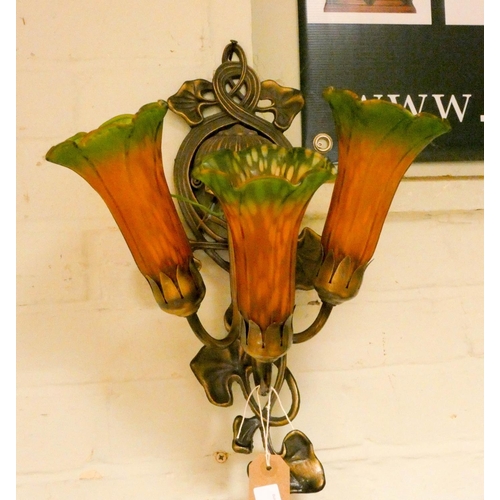 370 - Three branch art nouveau style wall light with coloured glass trumpet shades