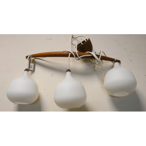 244 - Vintage Danish opaline glass and teak three branch light fitting, circa 1960