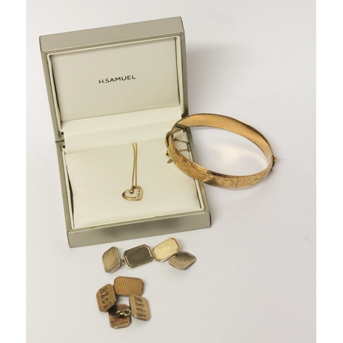 576 - 9ct gold and diamond heart shaped modern necklace, two pairs of gold on silver cufflinks and a rolle... 