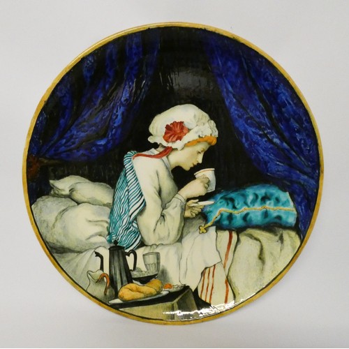 342A - Victorian Minton Majolica charger, painted with a lady taking breakfast, impressed marks. 30 cms dia... 