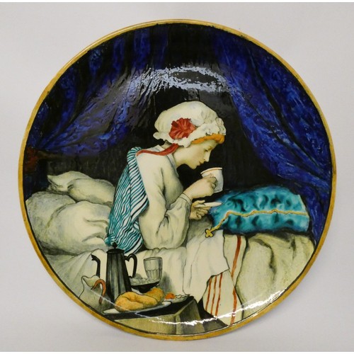 342A - Victorian Minton Majolica charger, painted with a lady taking breakfast, impressed marks. 30 cms dia... 