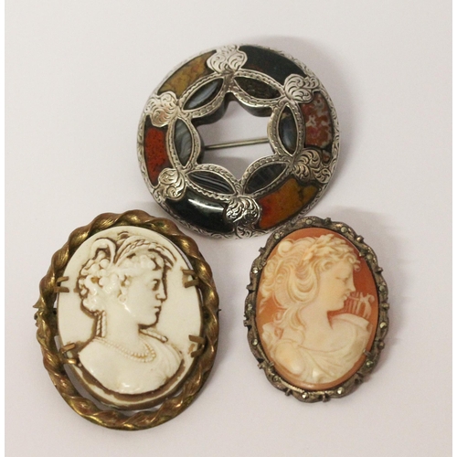 572 - A Scottish hardstone circular brooch in silver mount and two framed cameo brooches