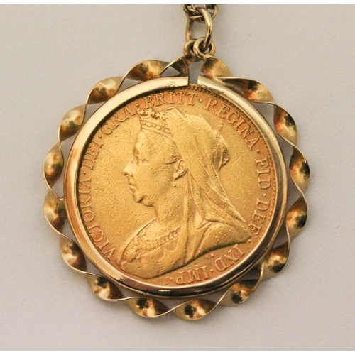 735 - Victoria 1900 Full gold Sovereign, mounted as a pendant on 9ct gold chain. Gross weight 13.9 g