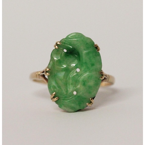 737 - Chinese gold and carved jade panel ring, unmarked yellow metal, ring size R, gross weight 2.7g.