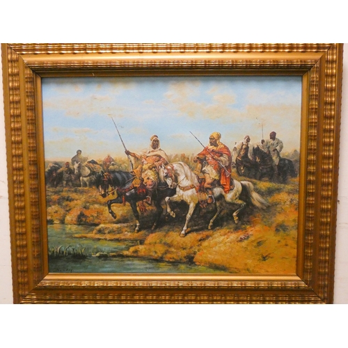 228 - After Baudry, Orientalist painting of patrol on horseback in ornate gilt frame, image size 20