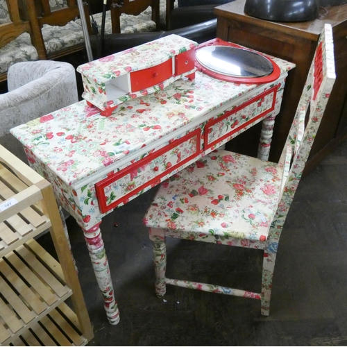 108 - Floral decorated dressing table fitted two drawers with matching chair and mirror etc